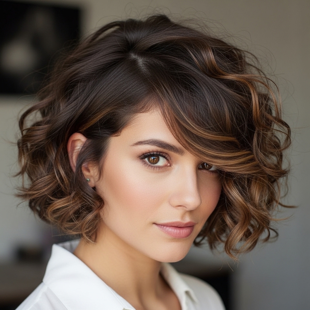 Short Curly Bob with Deep Part haircut.