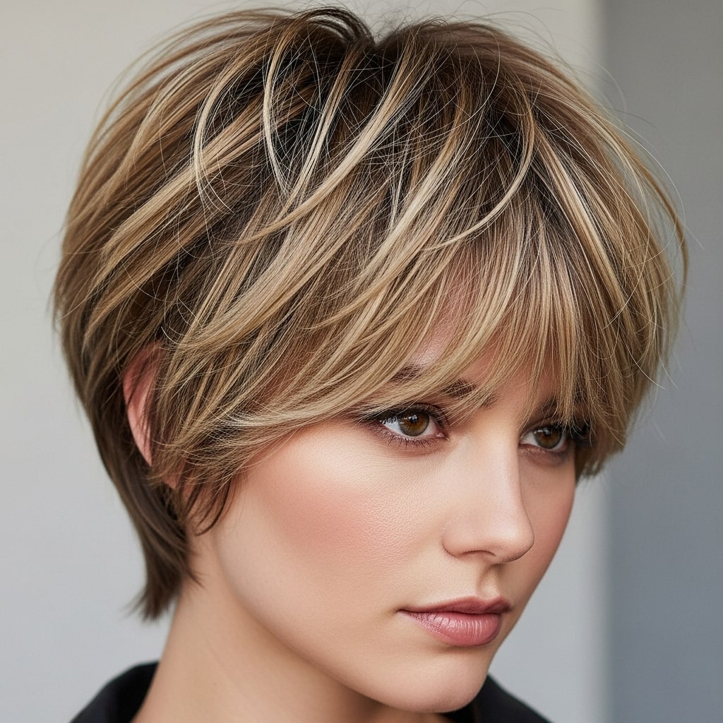 Short Wolf Cut with Veil Bangs Hairstyle.