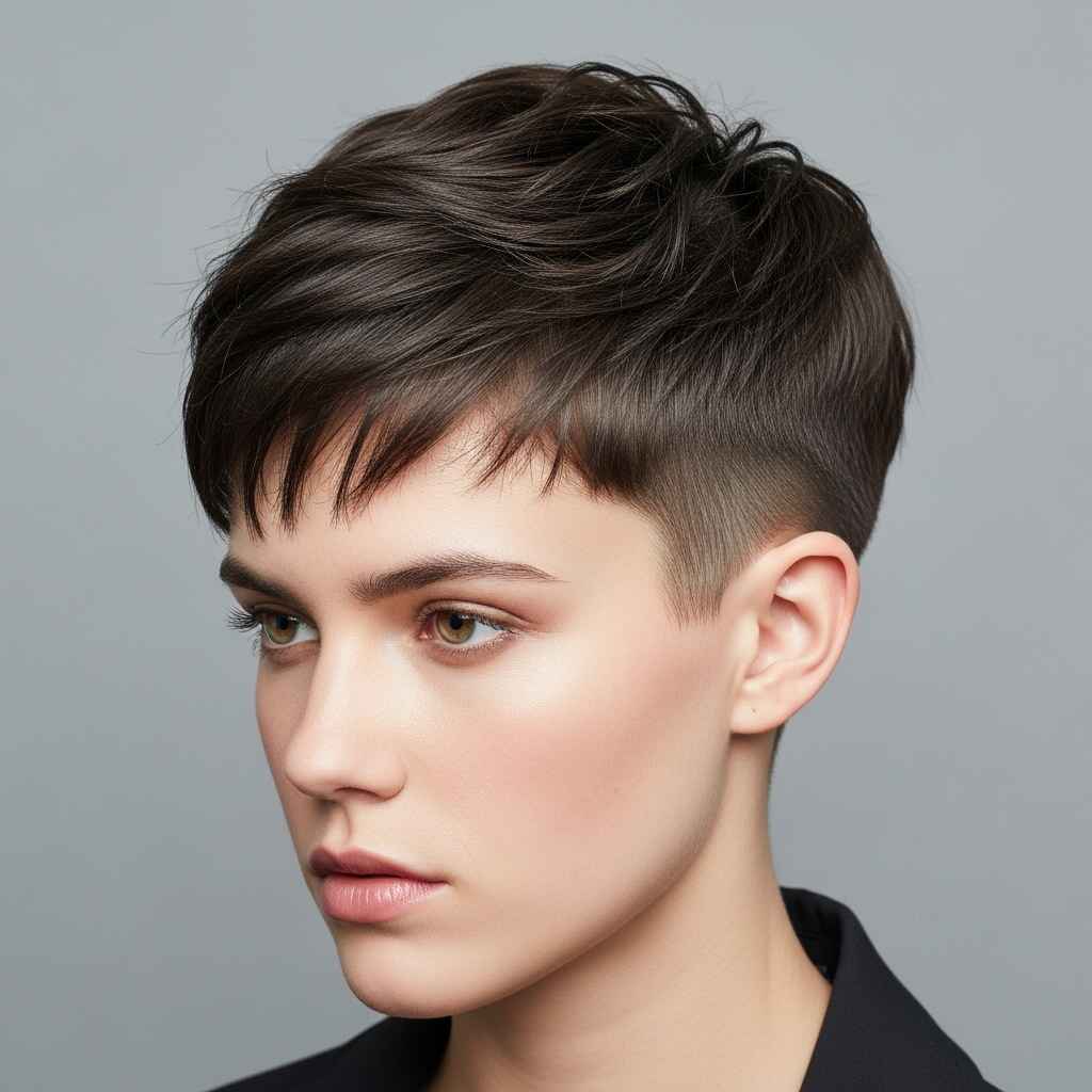 Androgynous Asymmetrical Pixie hair.