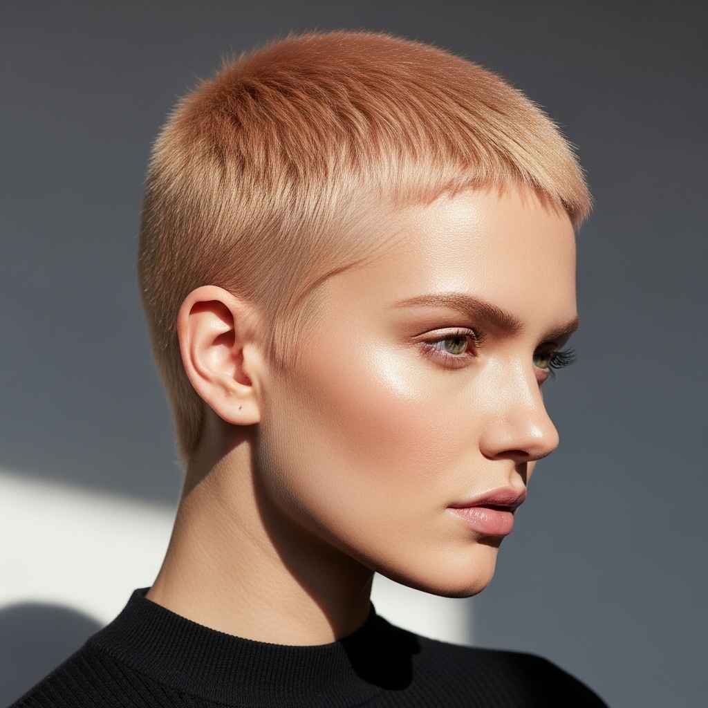 Berry Blonde Buzz Cut hair.