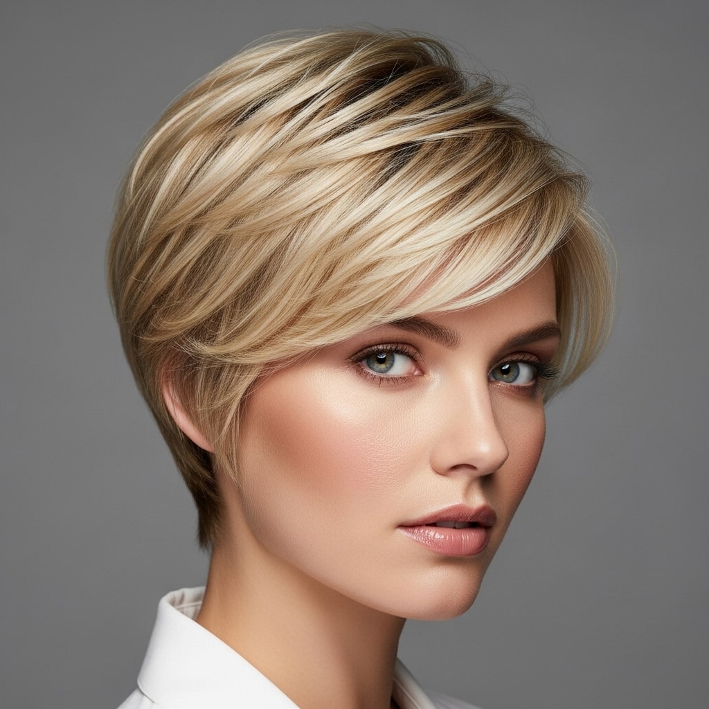 Blonde pixie for fine hair.