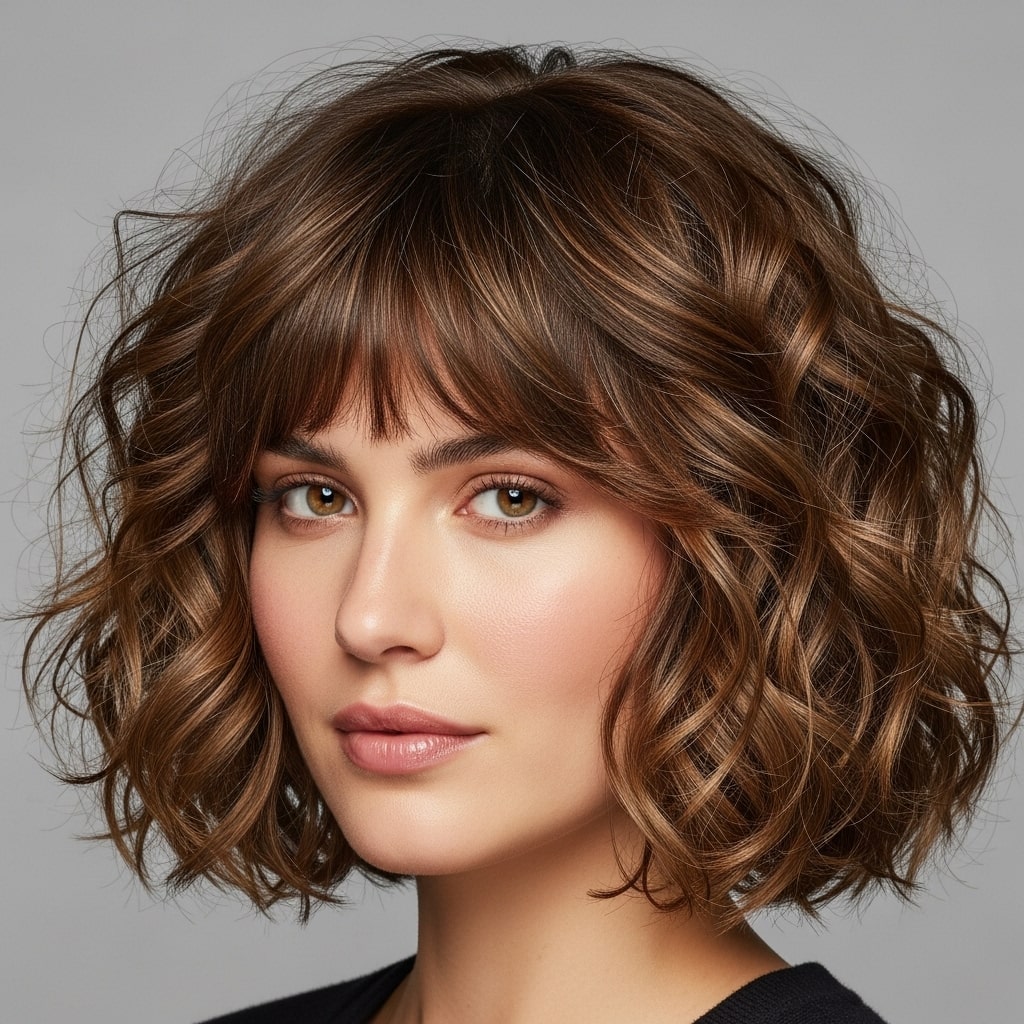 Curly Bob with Curtain Bangs hairs