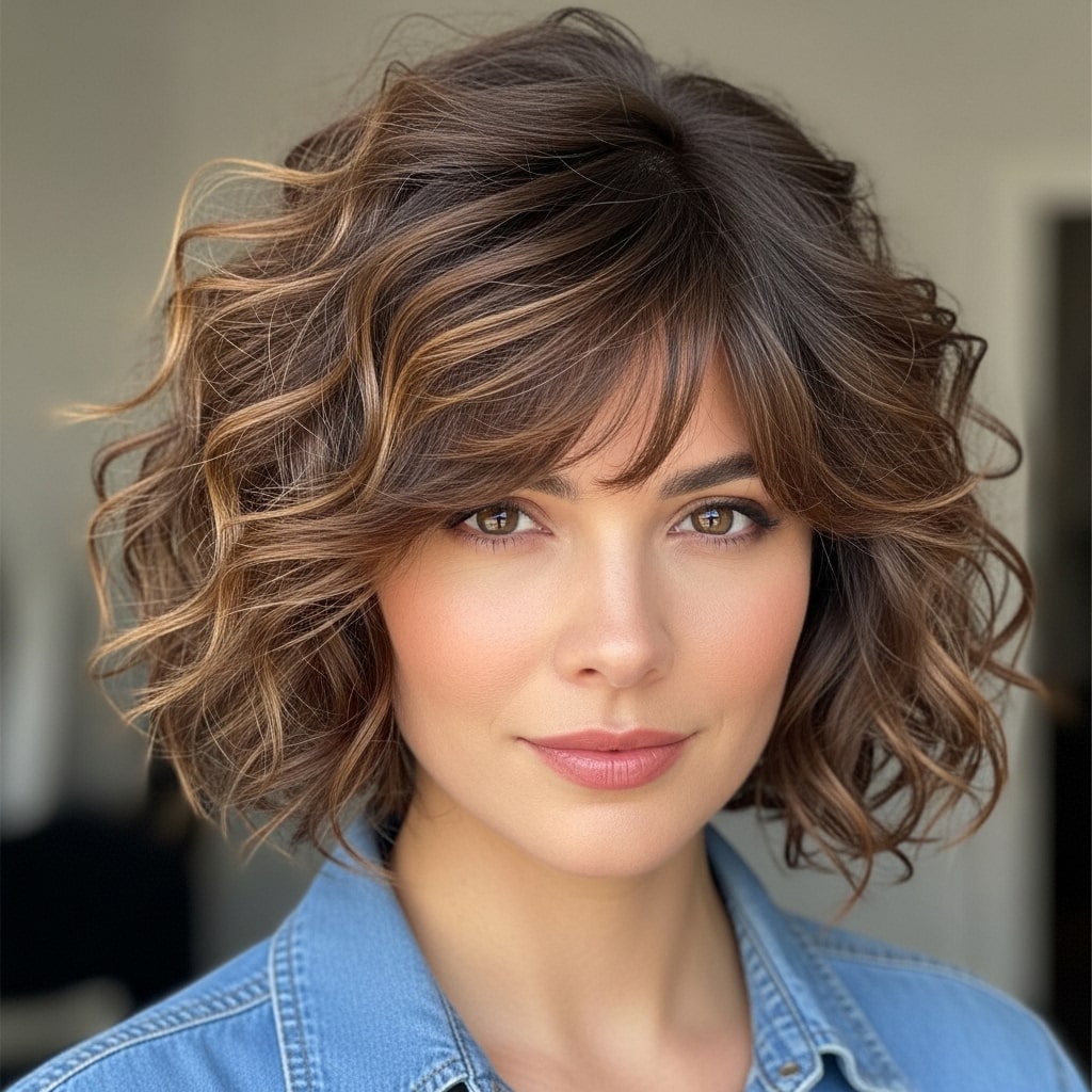 Curly Bob with Side Bangs hairstyle.