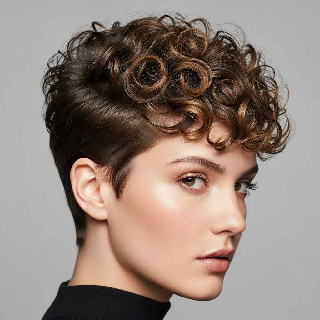 Curly Super Pixie hairstyle.