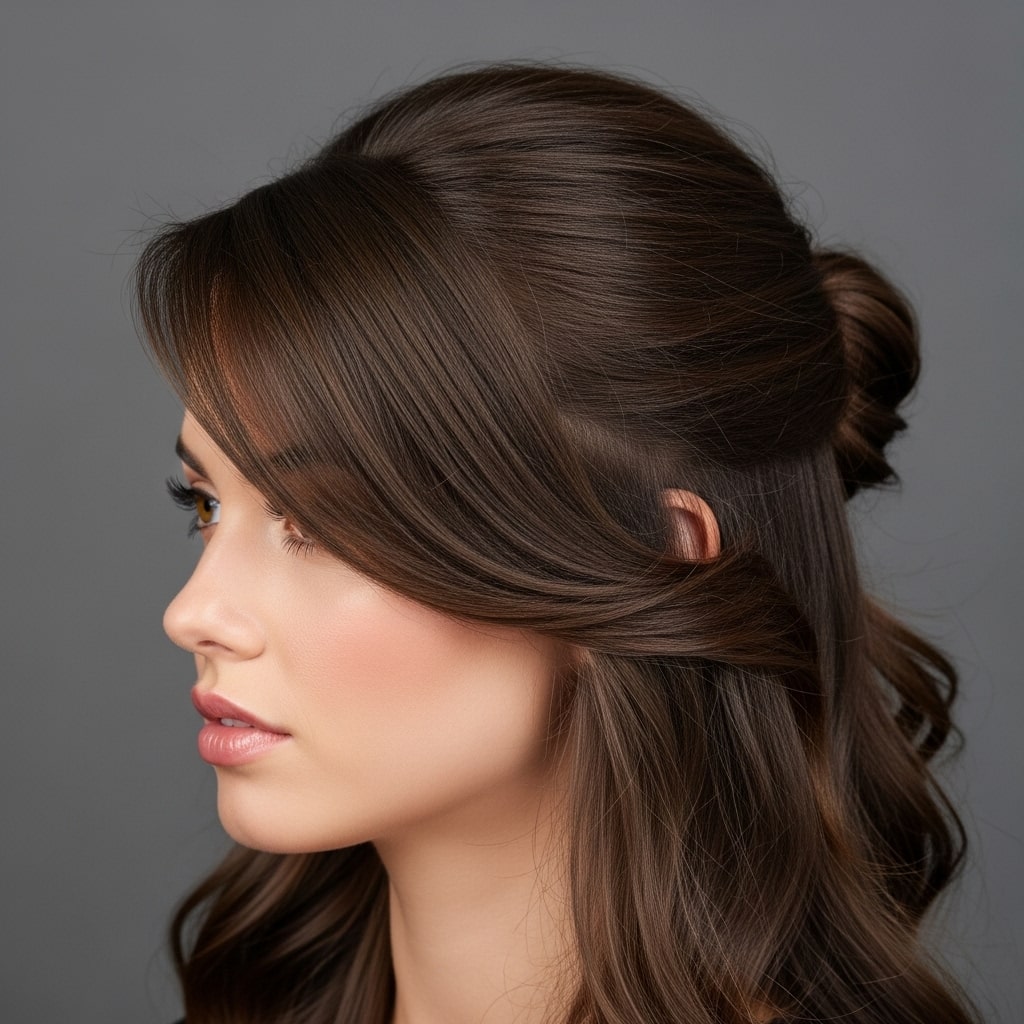 Half-Up with a Side Part Hair Style.