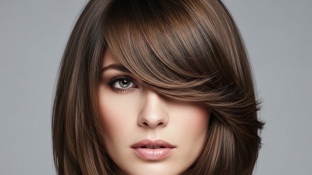 Heavy Side-Swept Bangs Haircut.