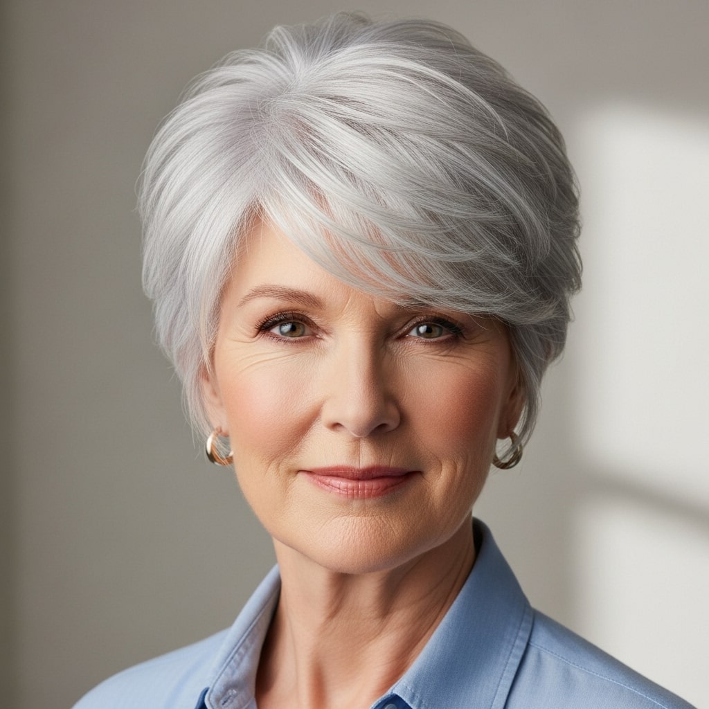 Icy Silver Shag with Side-Swept Fringe.