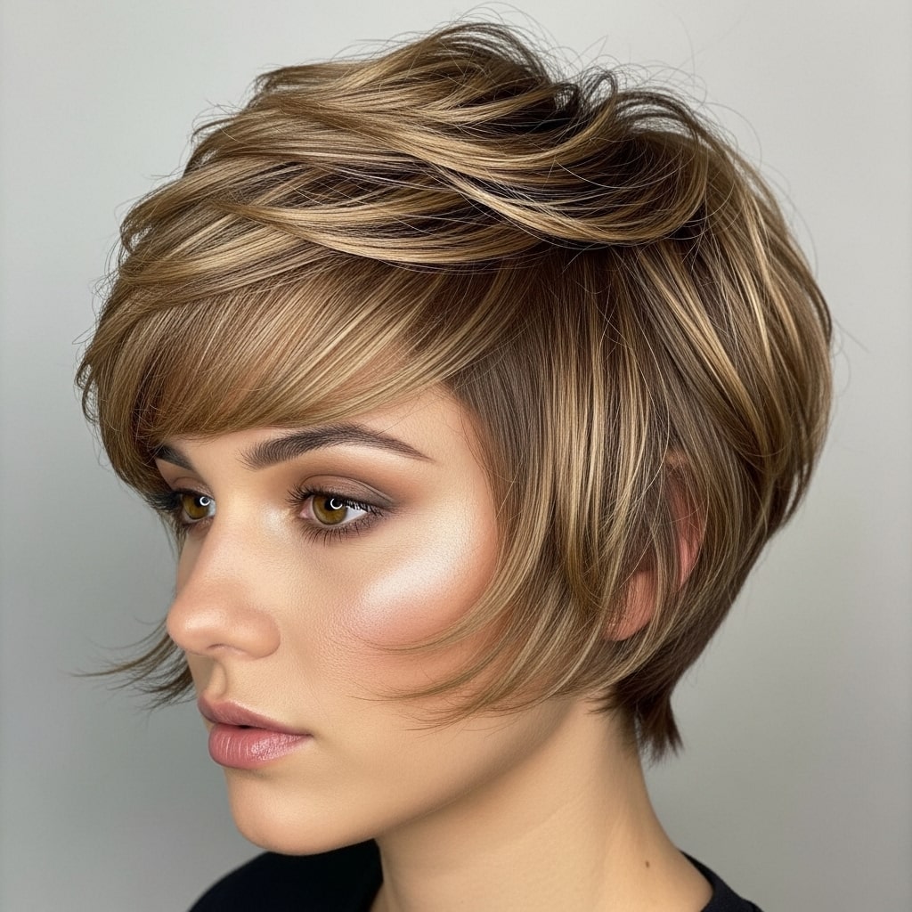 Mocha pixie has blonde highlights hair.