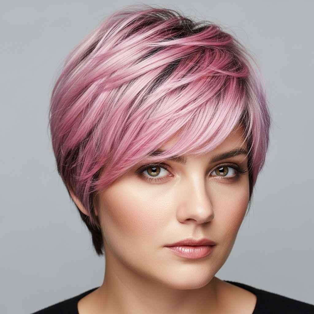 Pink Pixie Cut with Shadow Roots hair.