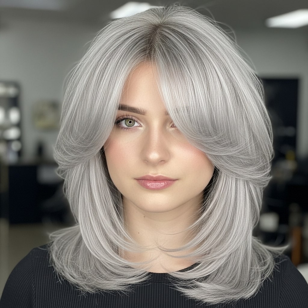 Platinum Textured Cut with Side-Swept Bangs Hairstyle
