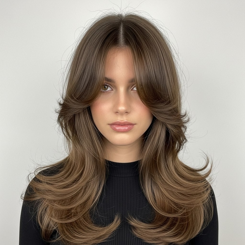 Sabrina Carpenter Long Layers Curtain Fringe hairstyle.