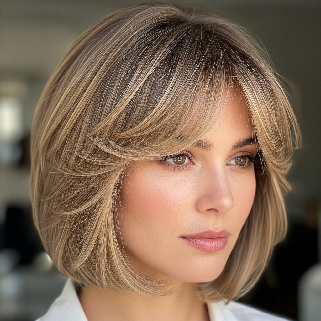 Short Bob with Feathered Bangs hair.