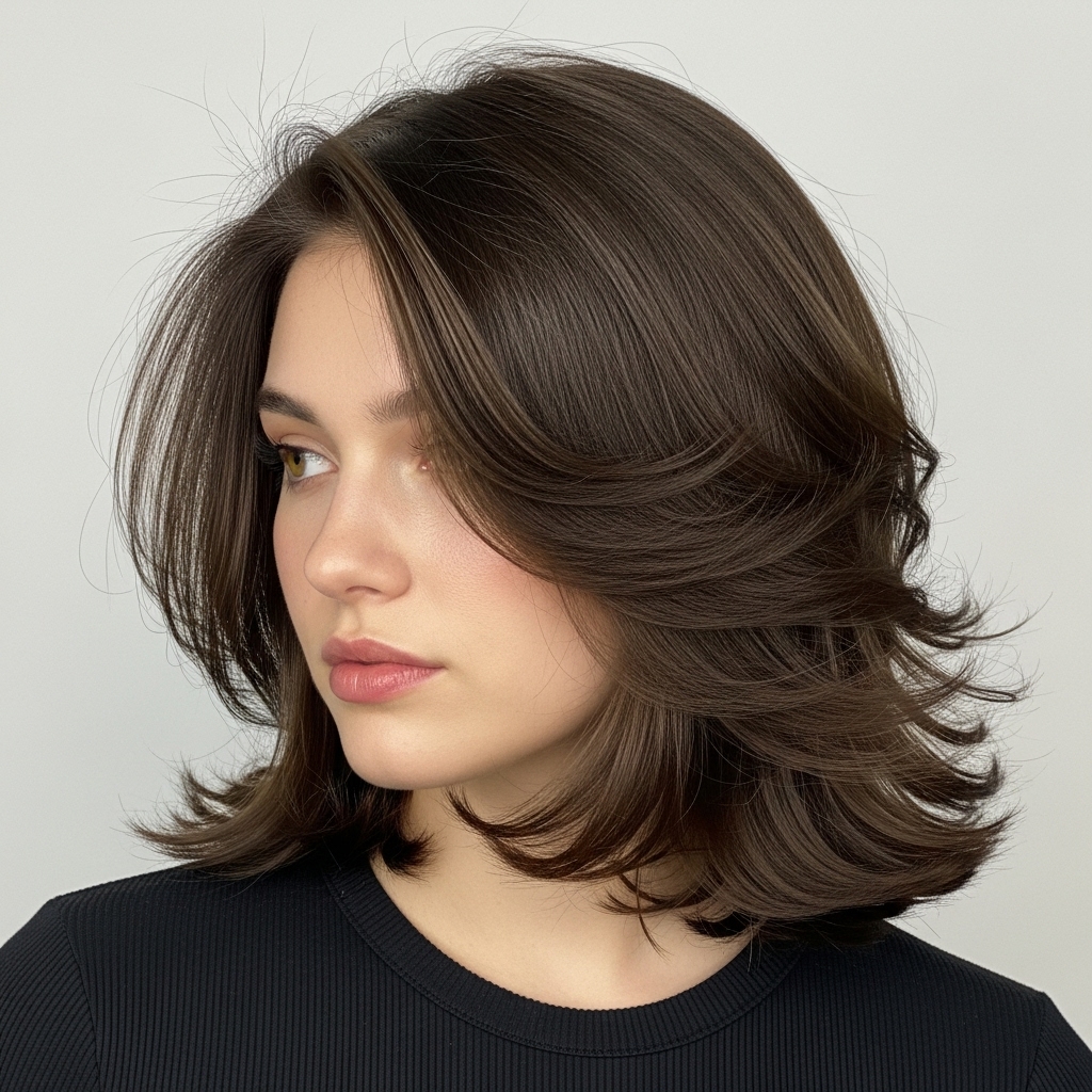 Feathered medium cut with flippy ends hairstyle.
