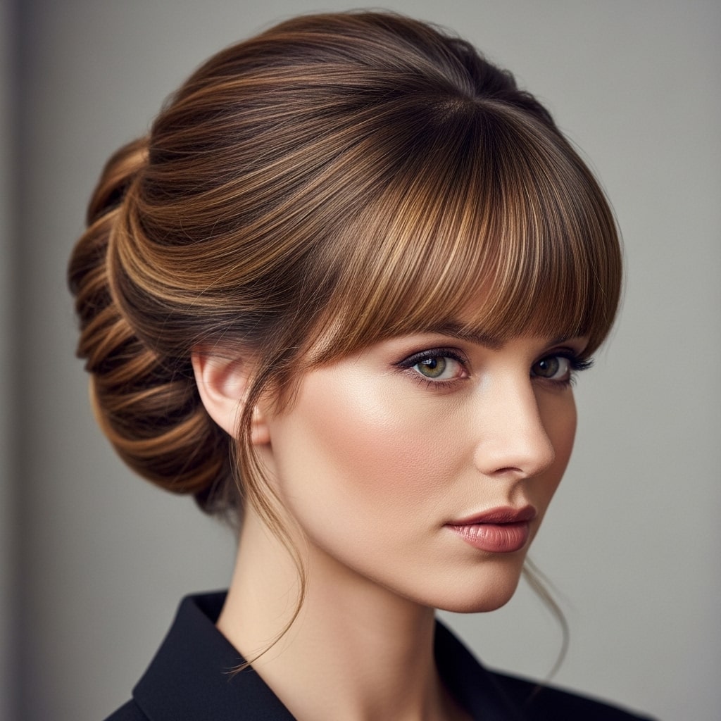 Updo with Heavy Bangs Hairstyle