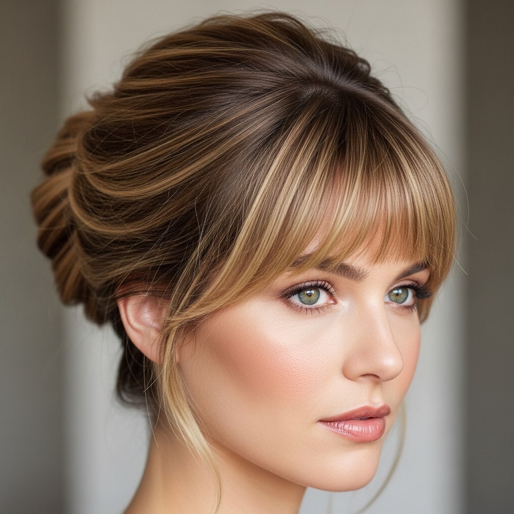Updo with blunt, wispy bangs Hairstyle.