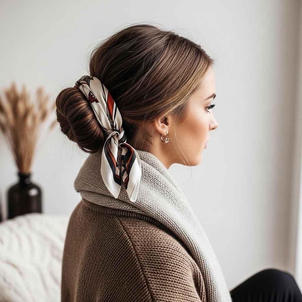 Low Bun with Scarf Wrap Winter hairstyles.