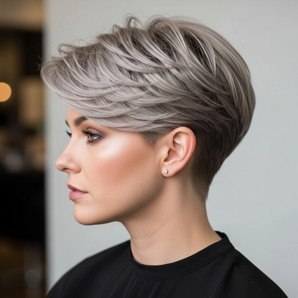 Feathered Pixie with V-Cut Nape Hairstyle for women.