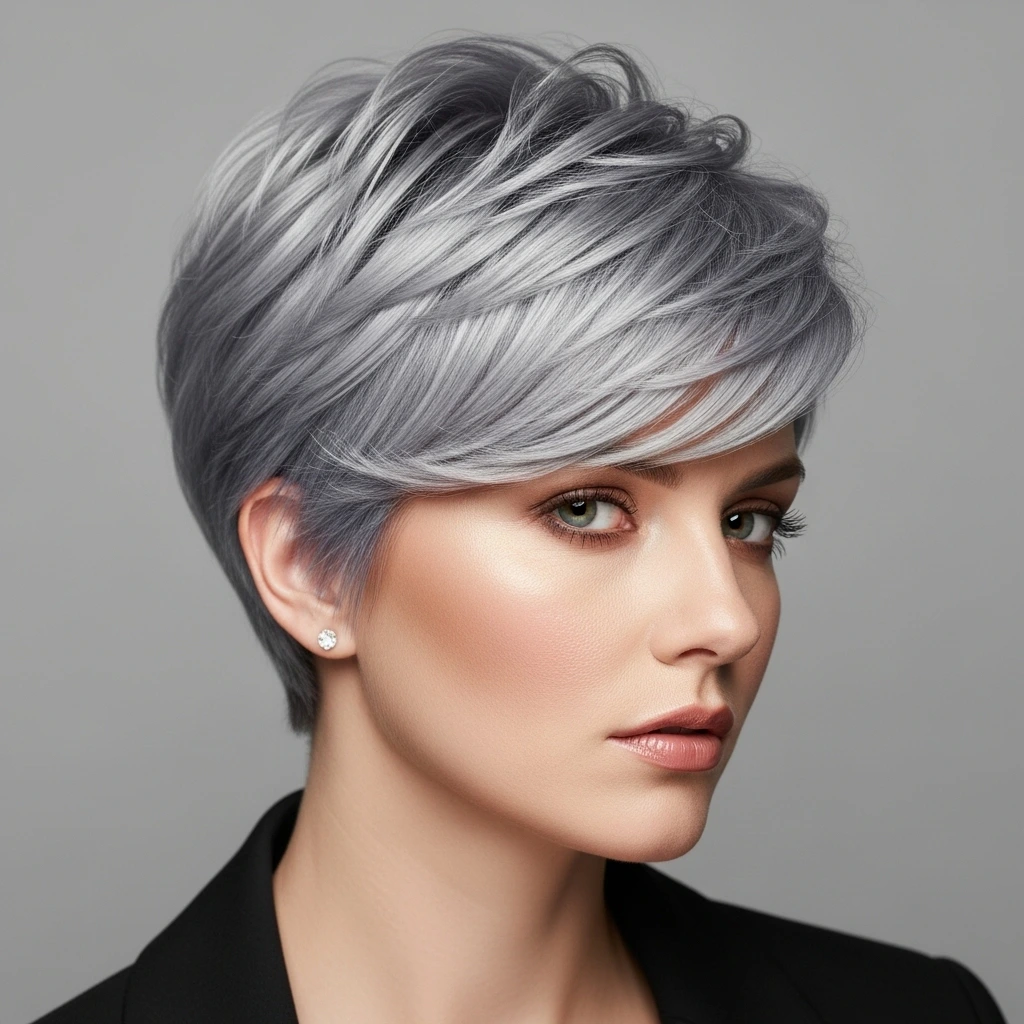 Grey Tapered Pixie with Side Bangs Hairstyle for women.