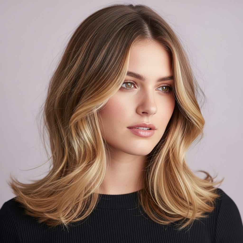 Soft layered lob with fine wavy hair.