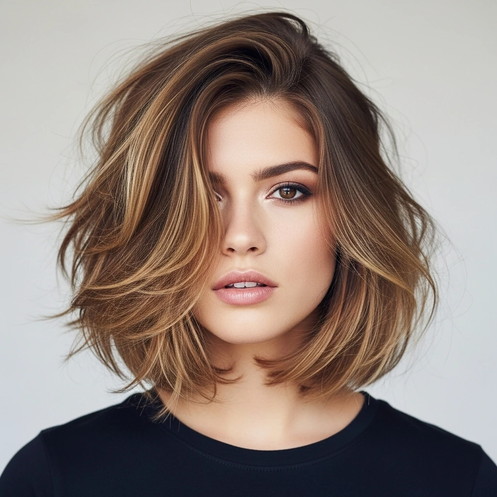 Tousled Bob with Wispy Layers Hairstyle for women.