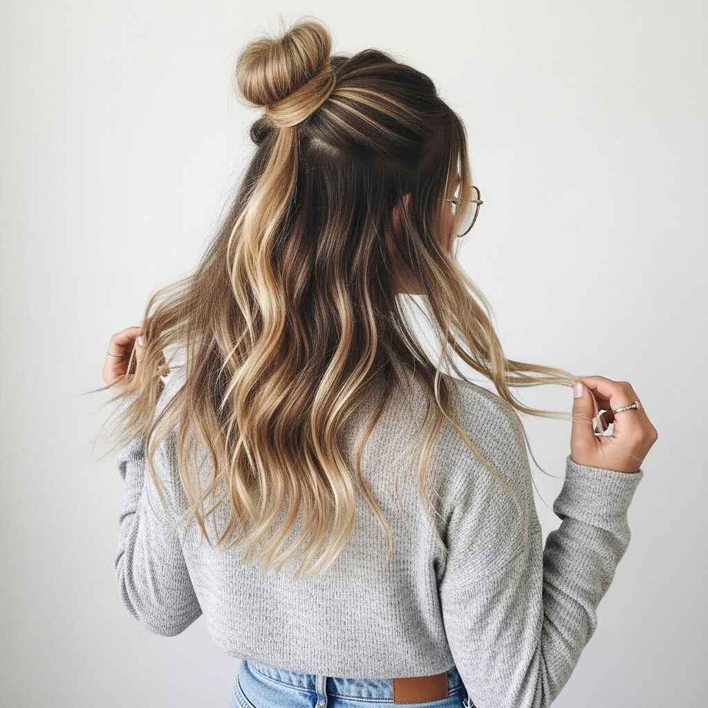 Half-up with a Knot Bun Haircut for Winter hairstyles.