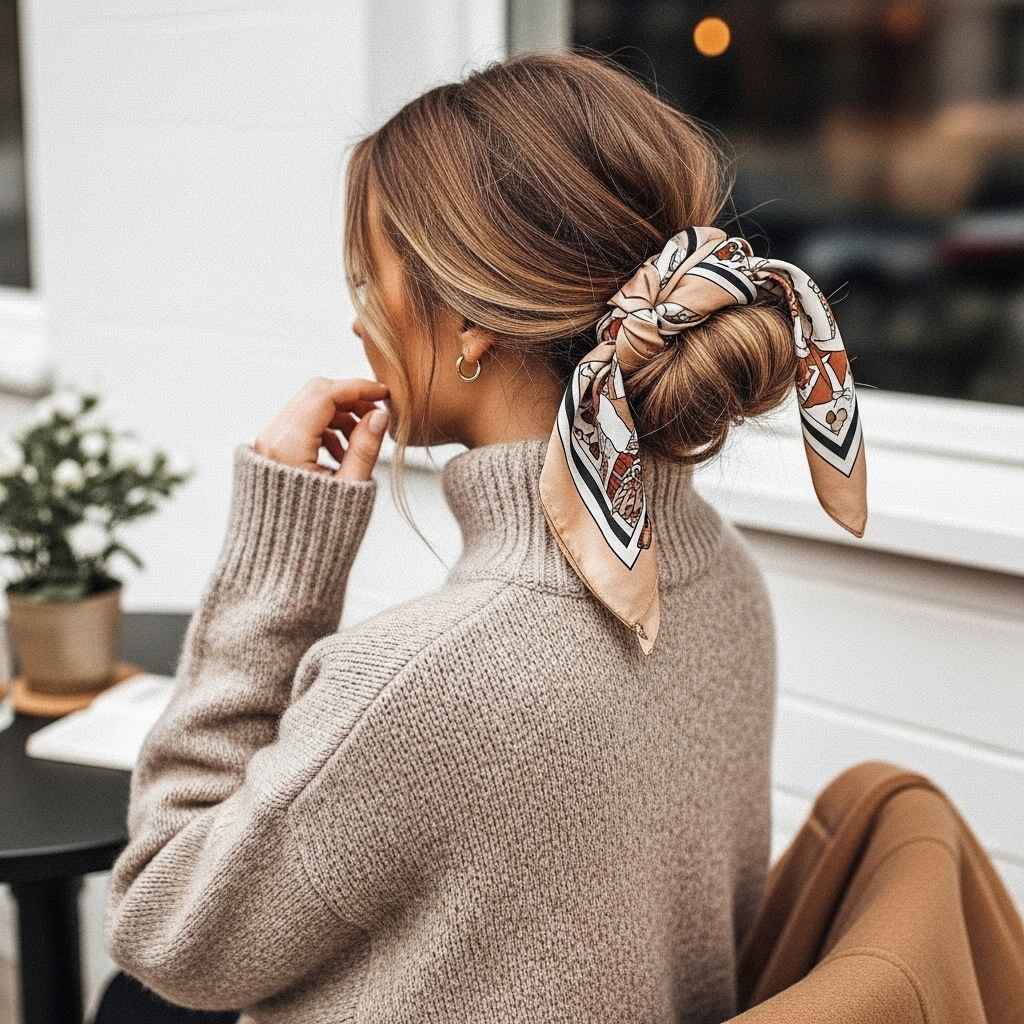 Knotted Scarf Updo Haircut for Winter hairstyles.