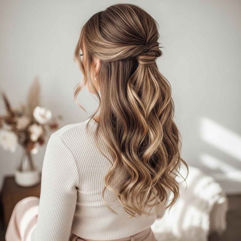 Long Wavy Half Up Winter hairstyles.