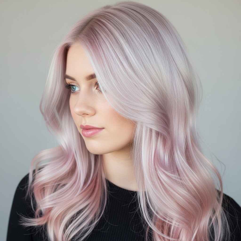 Pale pink and platinum blonde Hair color.