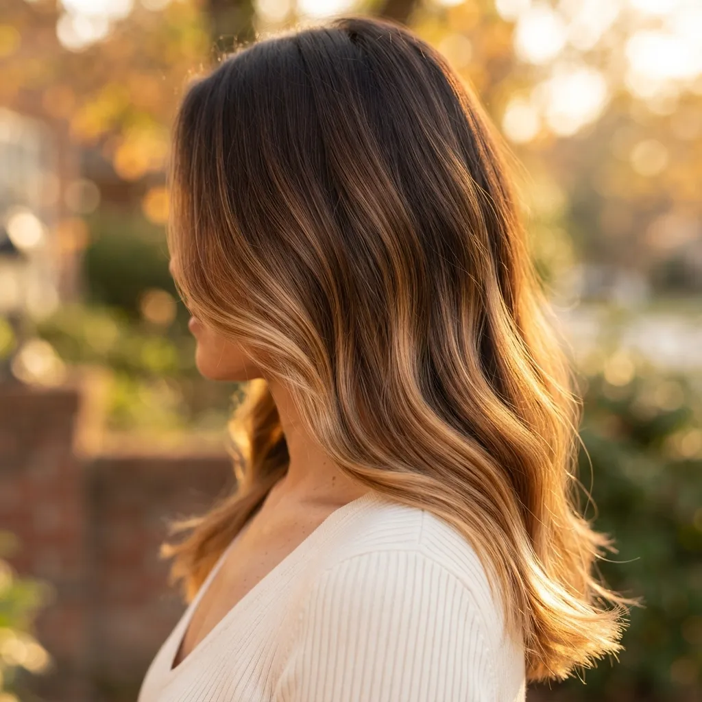 1. Brown to Blonde Balayage in Warm Caramel for a Soft Transition
