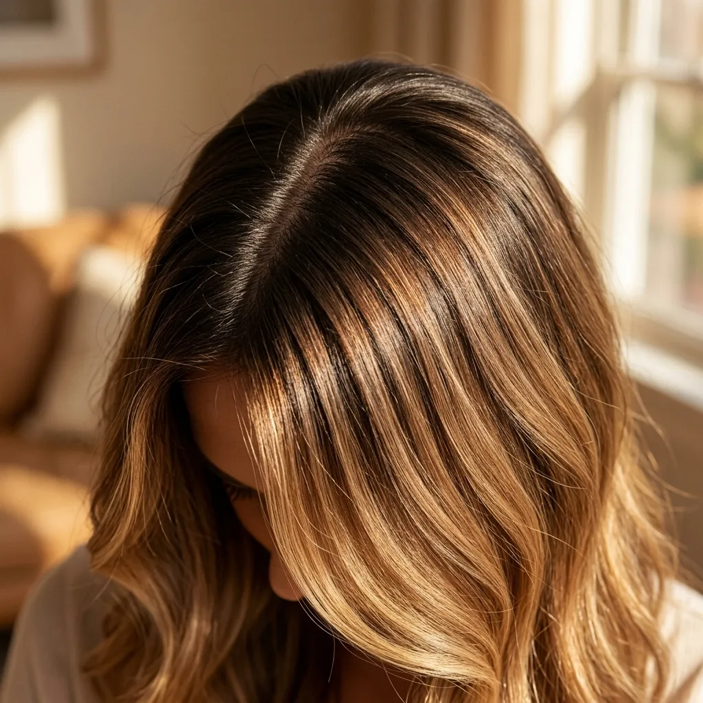 1. Honey Blonde Balayage on Dark Hair with a Caramel Root Melt