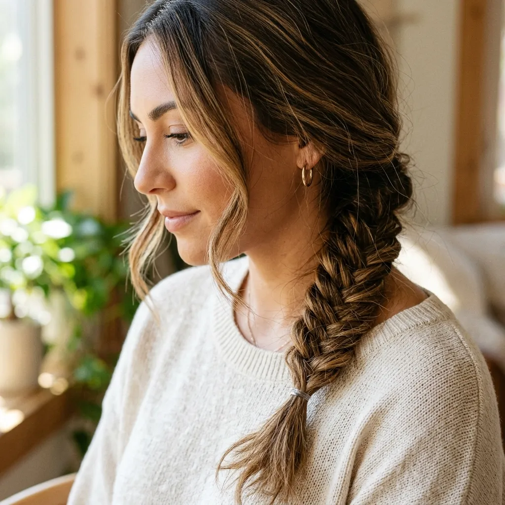 1. Loose Fishtail Braid Over One Shoulder