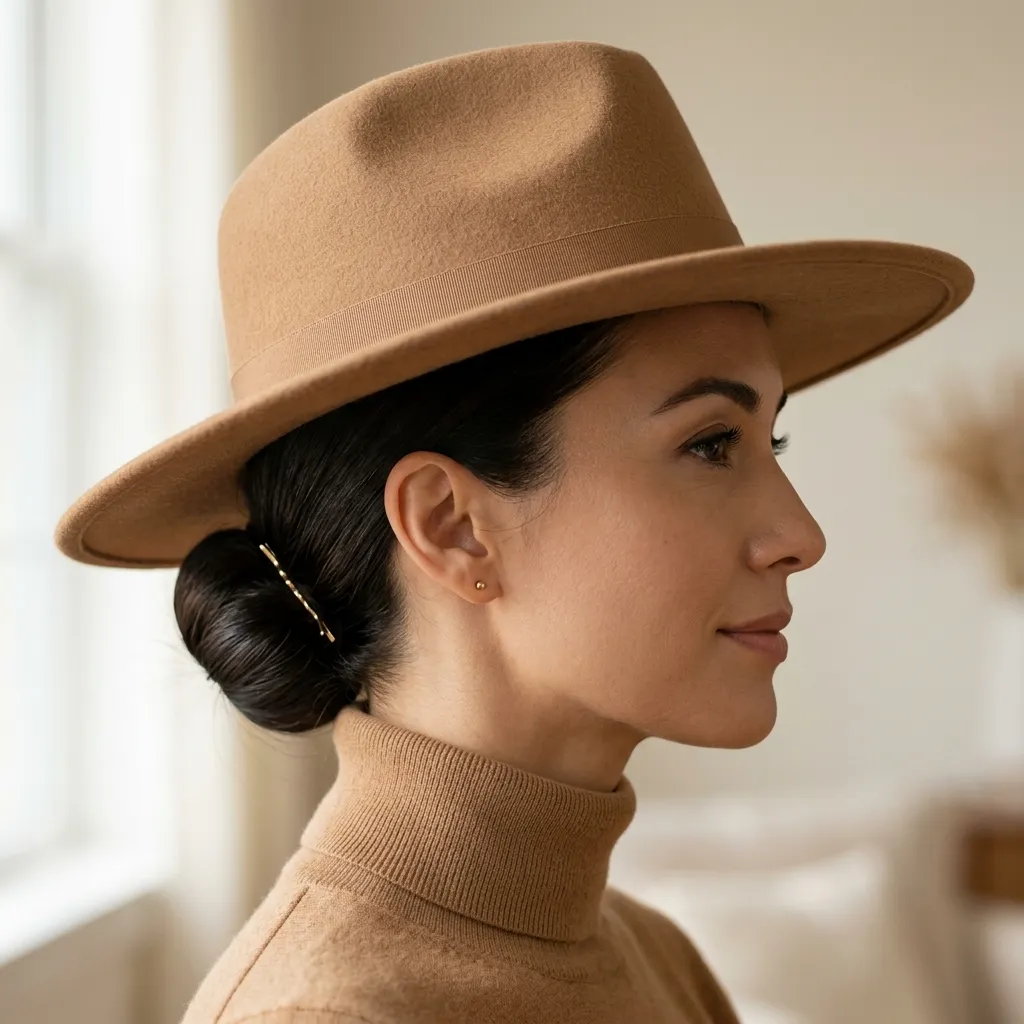 1. The Low Sleek Bun Under a Wide-Brim Fedora