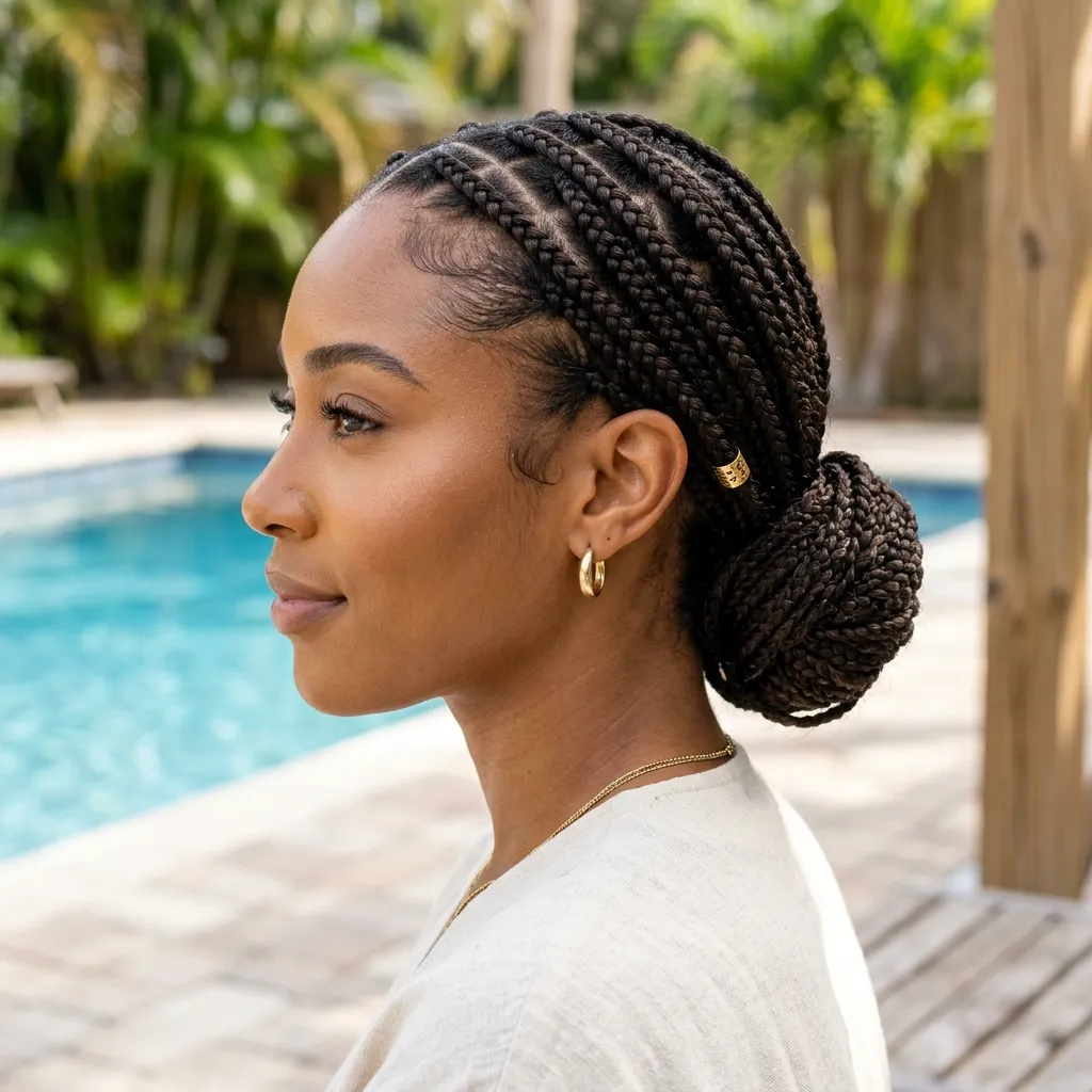 1. Waist-Length Box Braids Styled Into a Low Bun for Pool Days