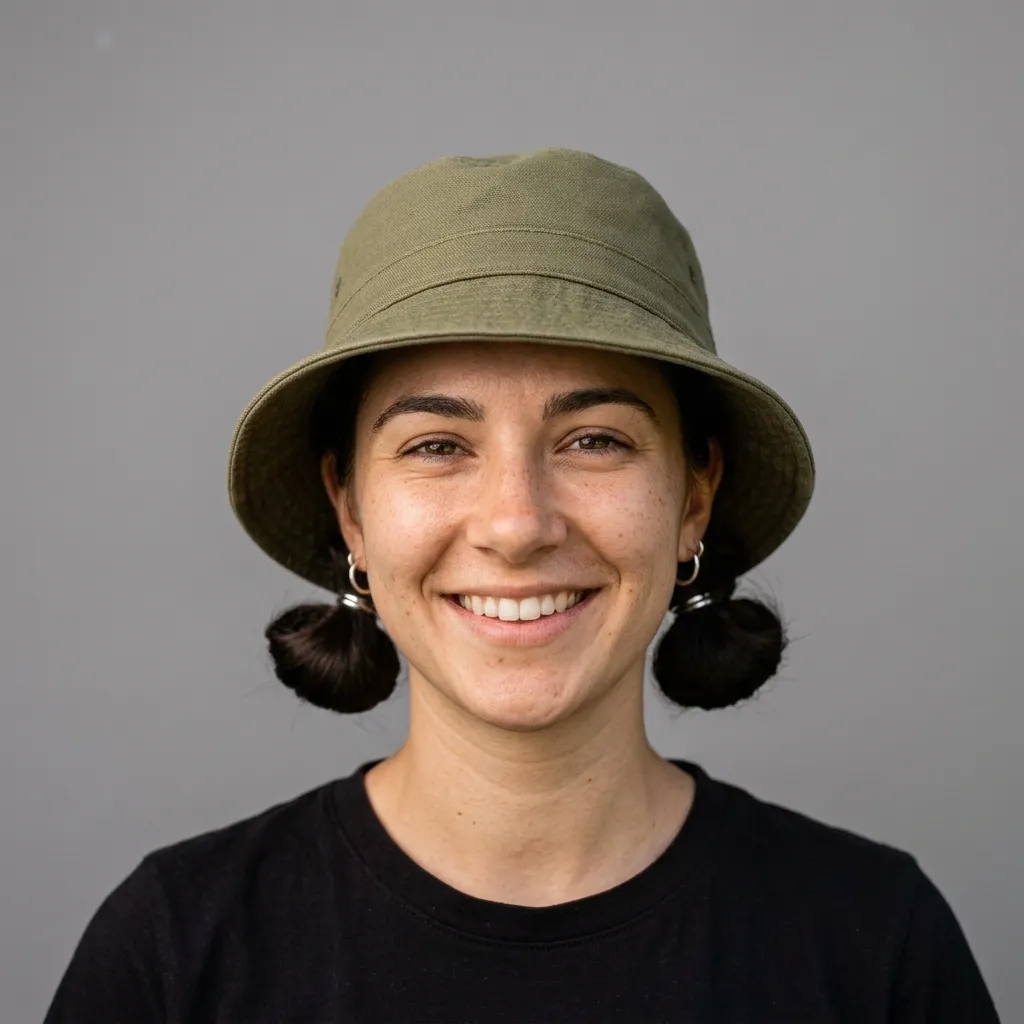 10. Double Space Buns Under a Canvas Bucket Hat