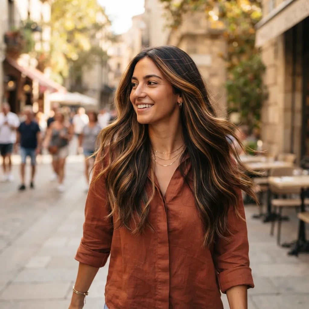 10. Peekaboo Highlights on Long Layered Dark Hair