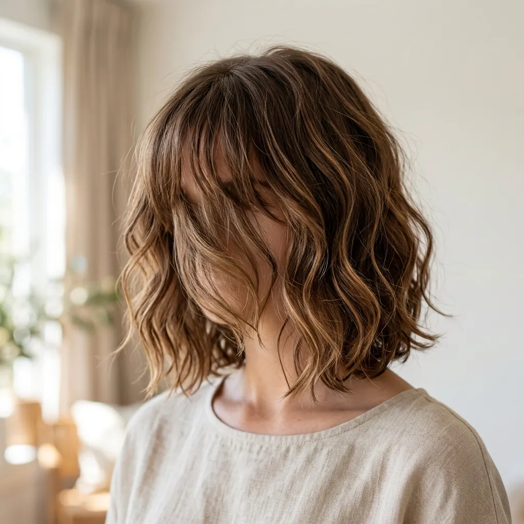 11. Beachy Matte-Finish Waved Bob with Undone Bangs