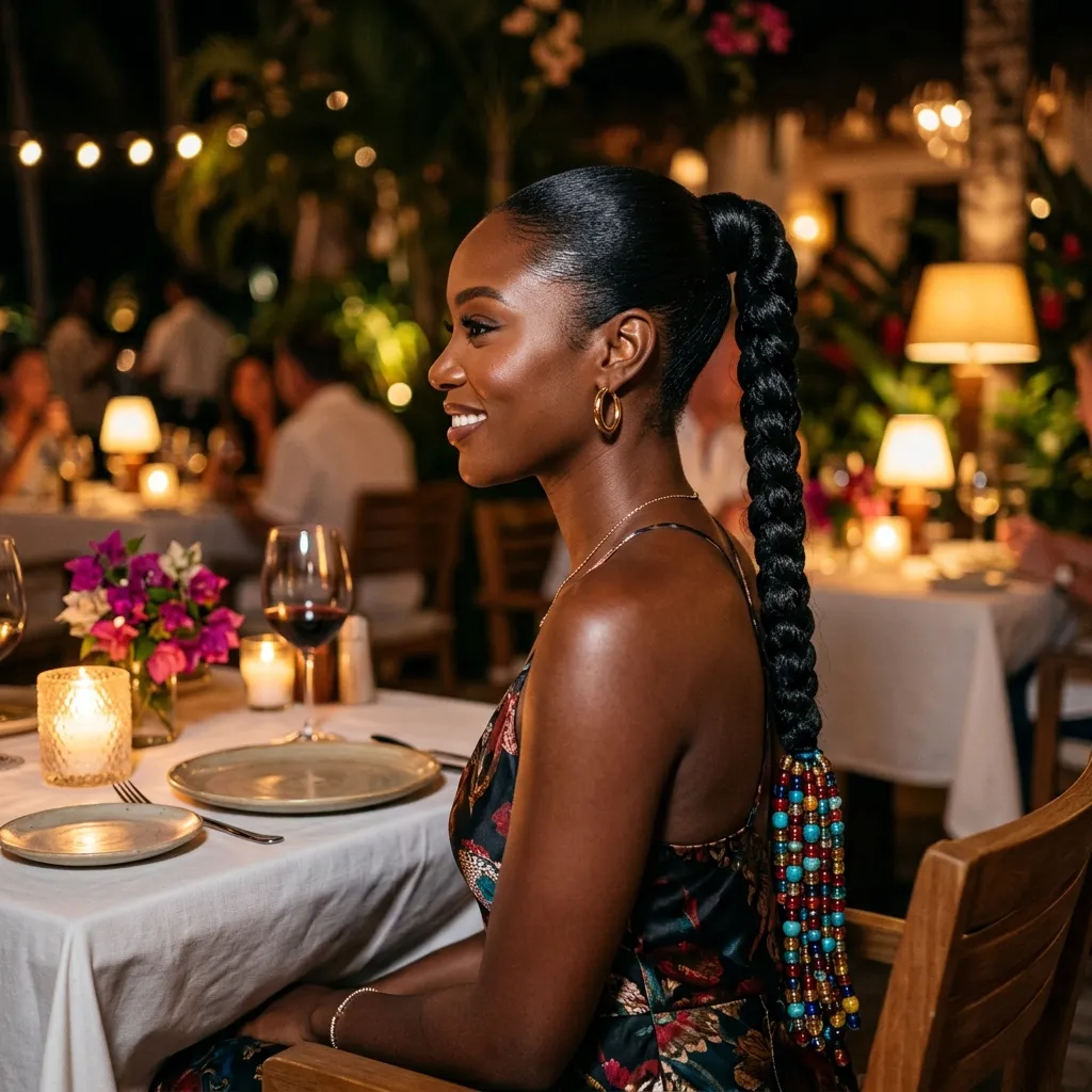 11. Braided Ponytail with Beaded Ends for a Resort Dinner Look