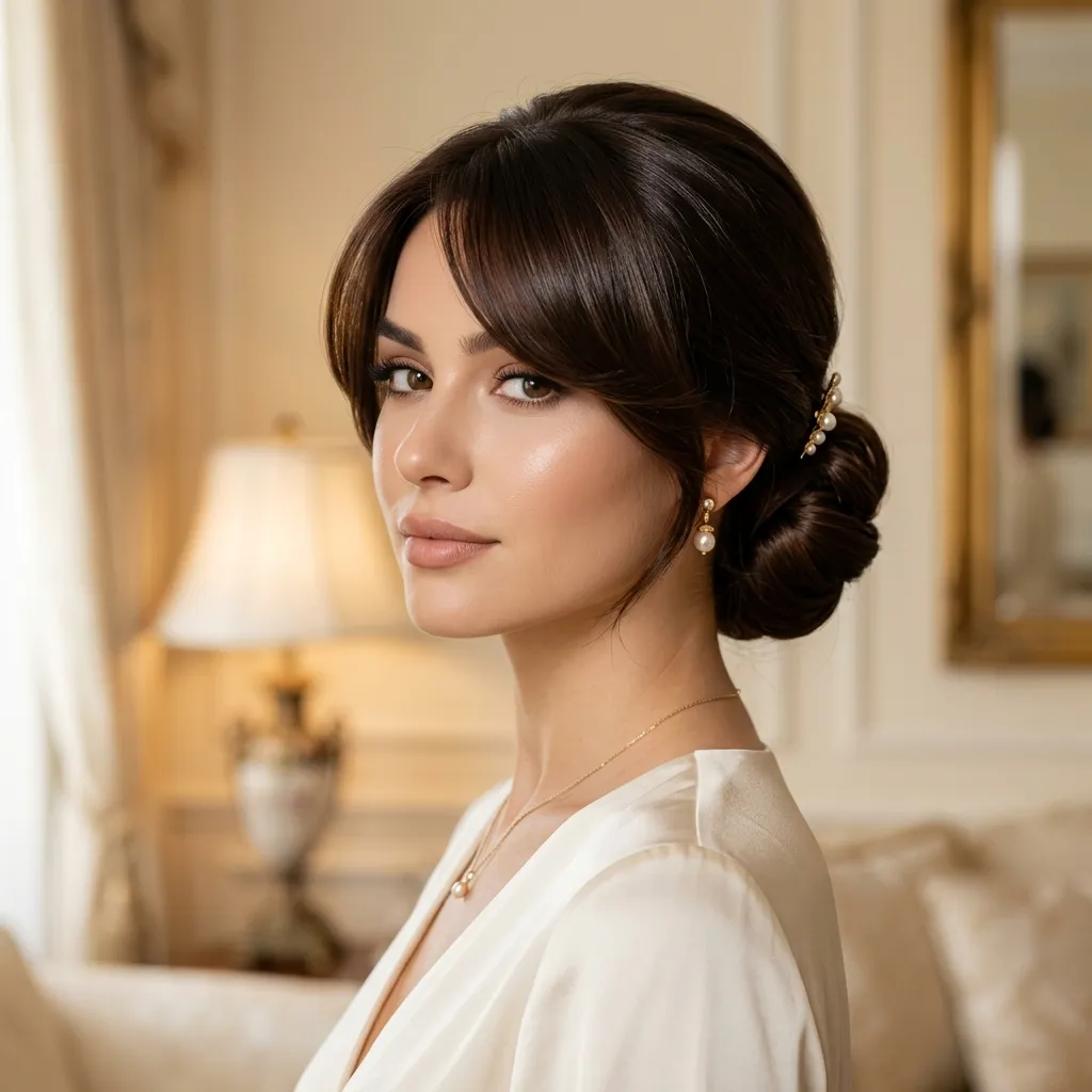 11. Low Chignon with Sweeping Bangs Cut-Structure Idea