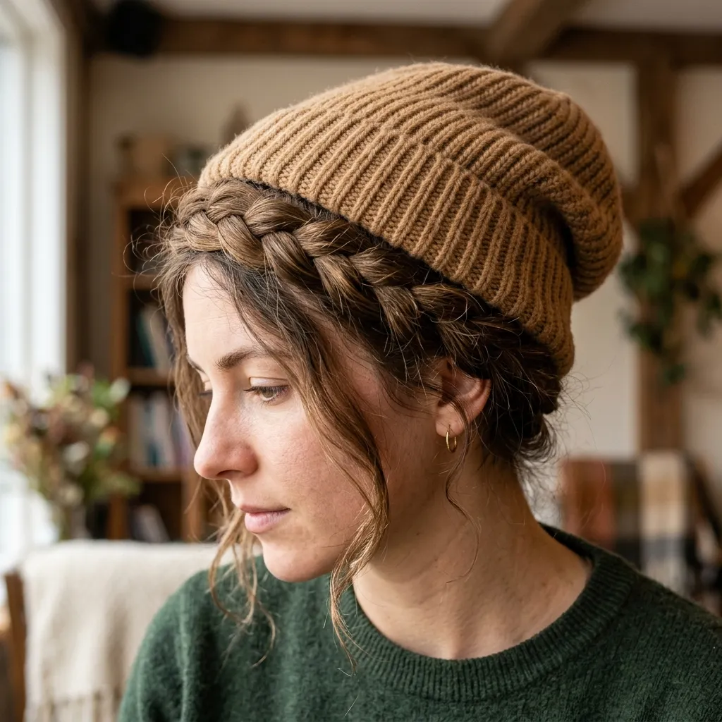 12. Braided Crown Under a Beanie for Second-Day Hair