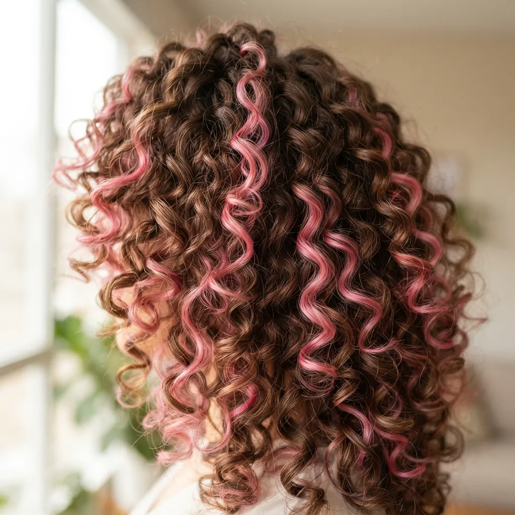 12. Diffusing Curly Hair to Let Pink Highlights Show Through the Coils