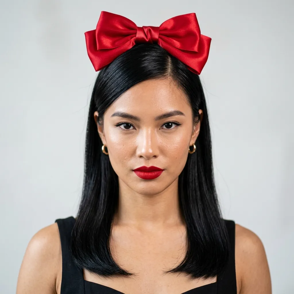 12. High-Contrast Red Bow on Dark Hair
