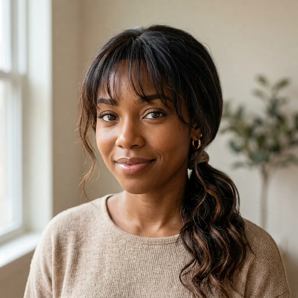 12. Low, Loose Weave Ponytail with Wispy Bangs
