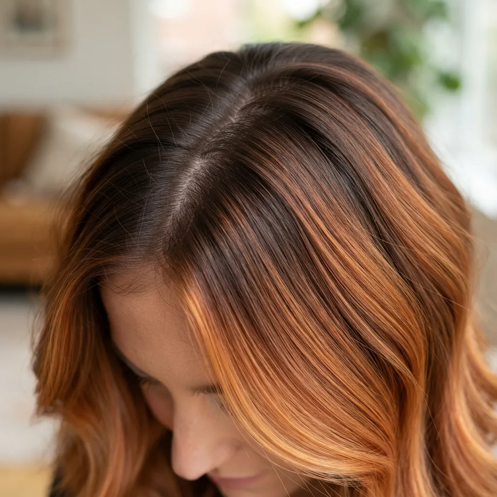 12. Root Smudge Copper Balayage for Low Maintenance