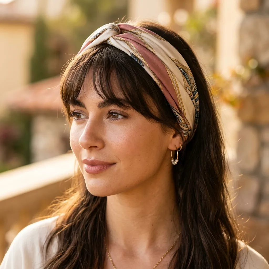 13. Silk Scarf Headband Worn Behind Bangs Accessories Idea