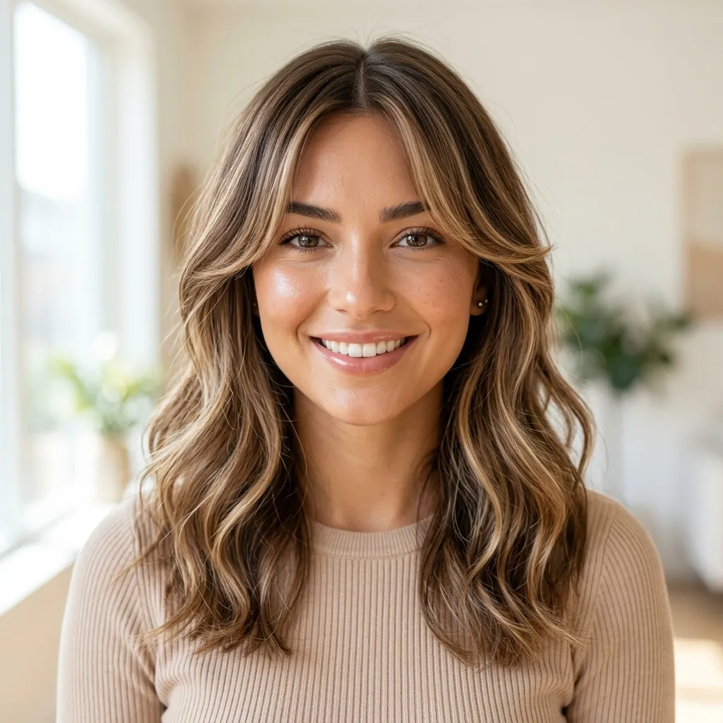 14. Balayage Highlights Framing a Center Part Color Idea