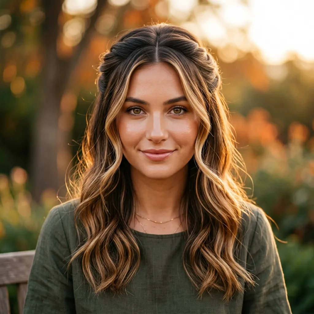 14. Half Up Style Highlighting the Balayage Placement