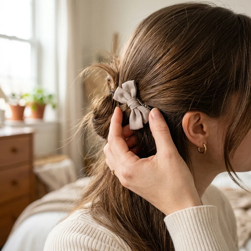 15. Layered Bow Barrette Over a Braid