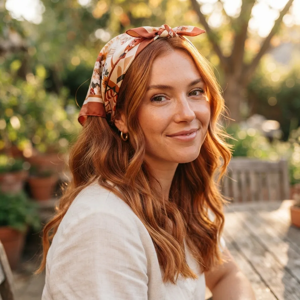 15. Copper Balayage Styled with a Silk Scarf