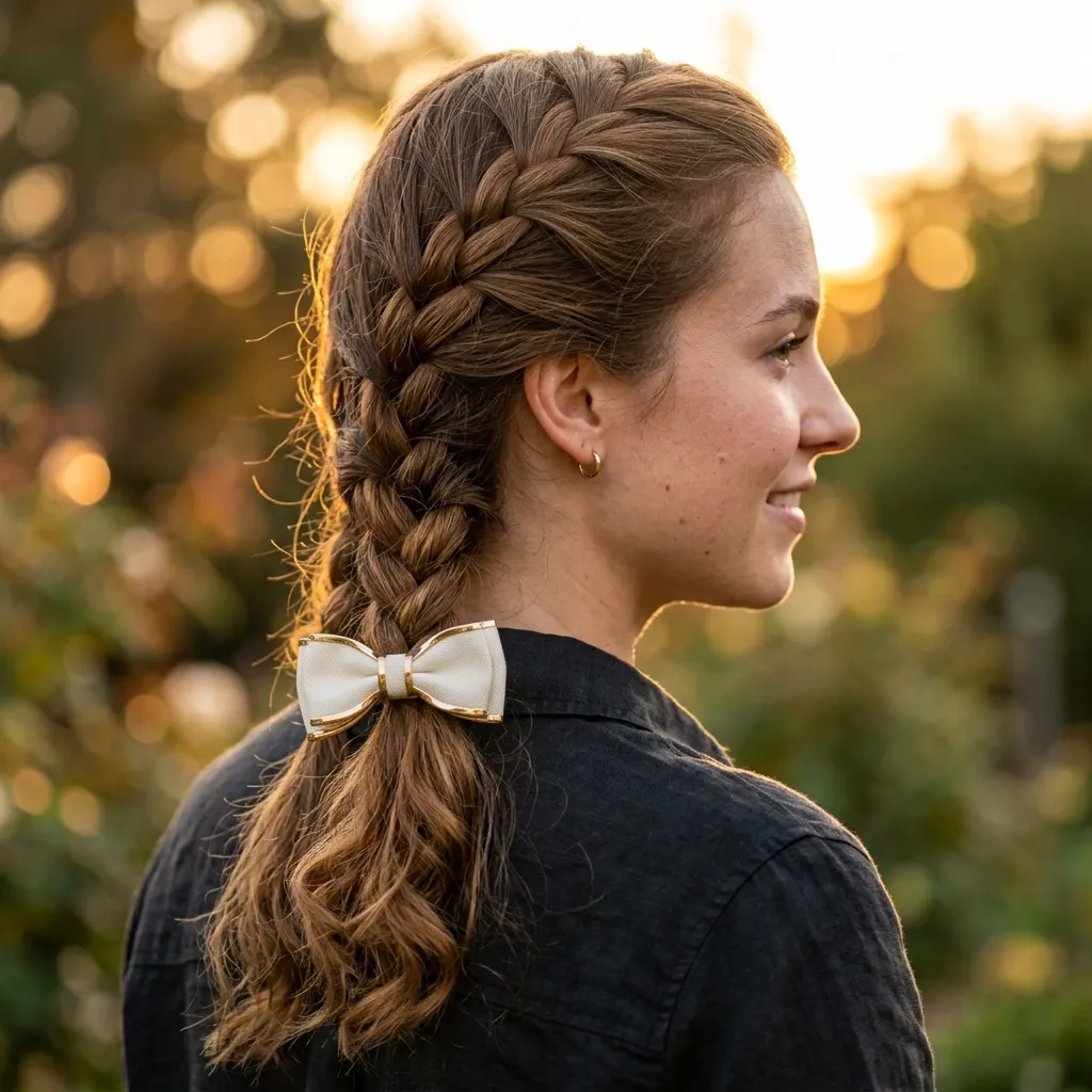 15. Layered Bow Barrette Over a Braid
