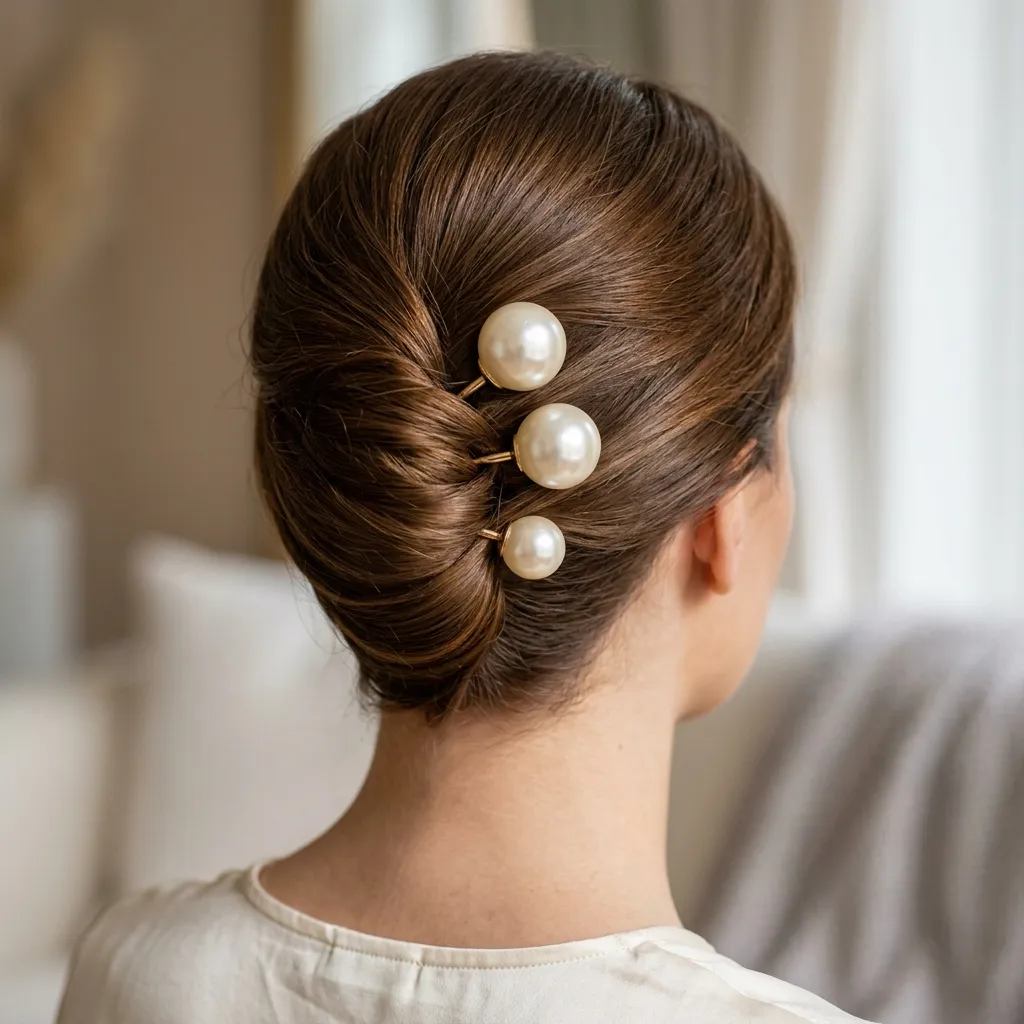 15. Oversized Pearl Hairpins Securing a French Twist